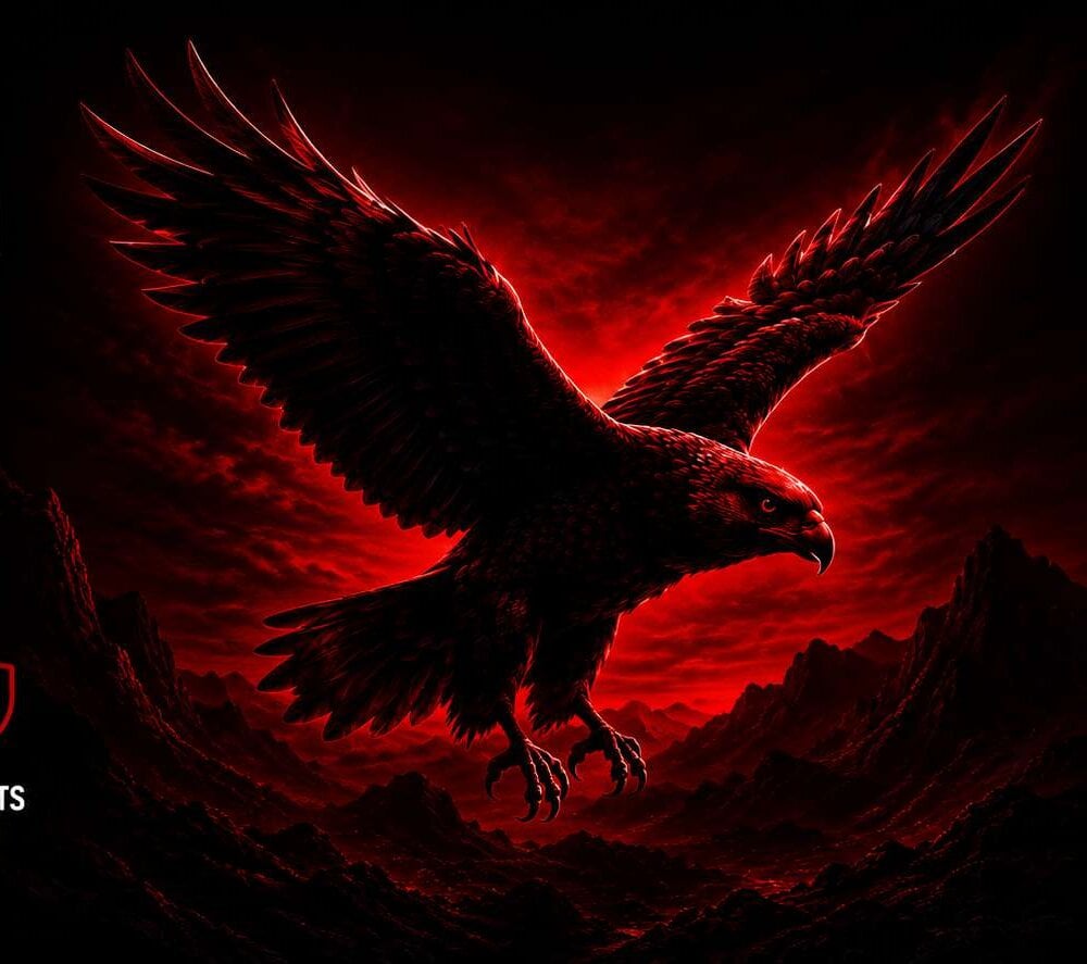 An eagle in flight over red mountains — the spirit of MadBird