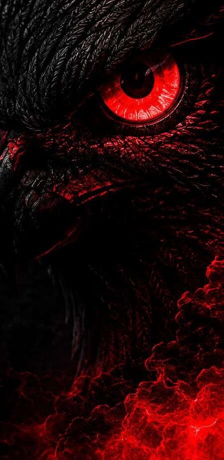 A red eagle eye rising out of crimson smoke